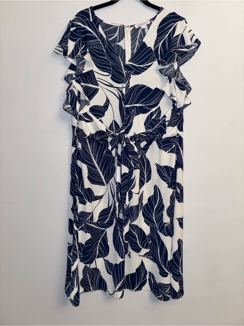 Liz Claiborne Navy Leaf Print Tie-Waist Dress